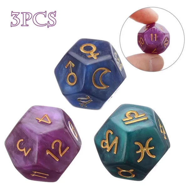 Dados de Astrologia, 3 pçs, 12 lados.