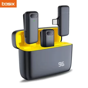 Basix Microfone Wireless Portátil, Redução de Ruído, para iPhone e Android com caixa de carregamento.