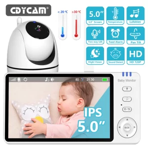 5.0 Polegada vídeo monitor de bebê com câmera pan tilt, sem fio, áudio em dois sentidos, visão noturna.