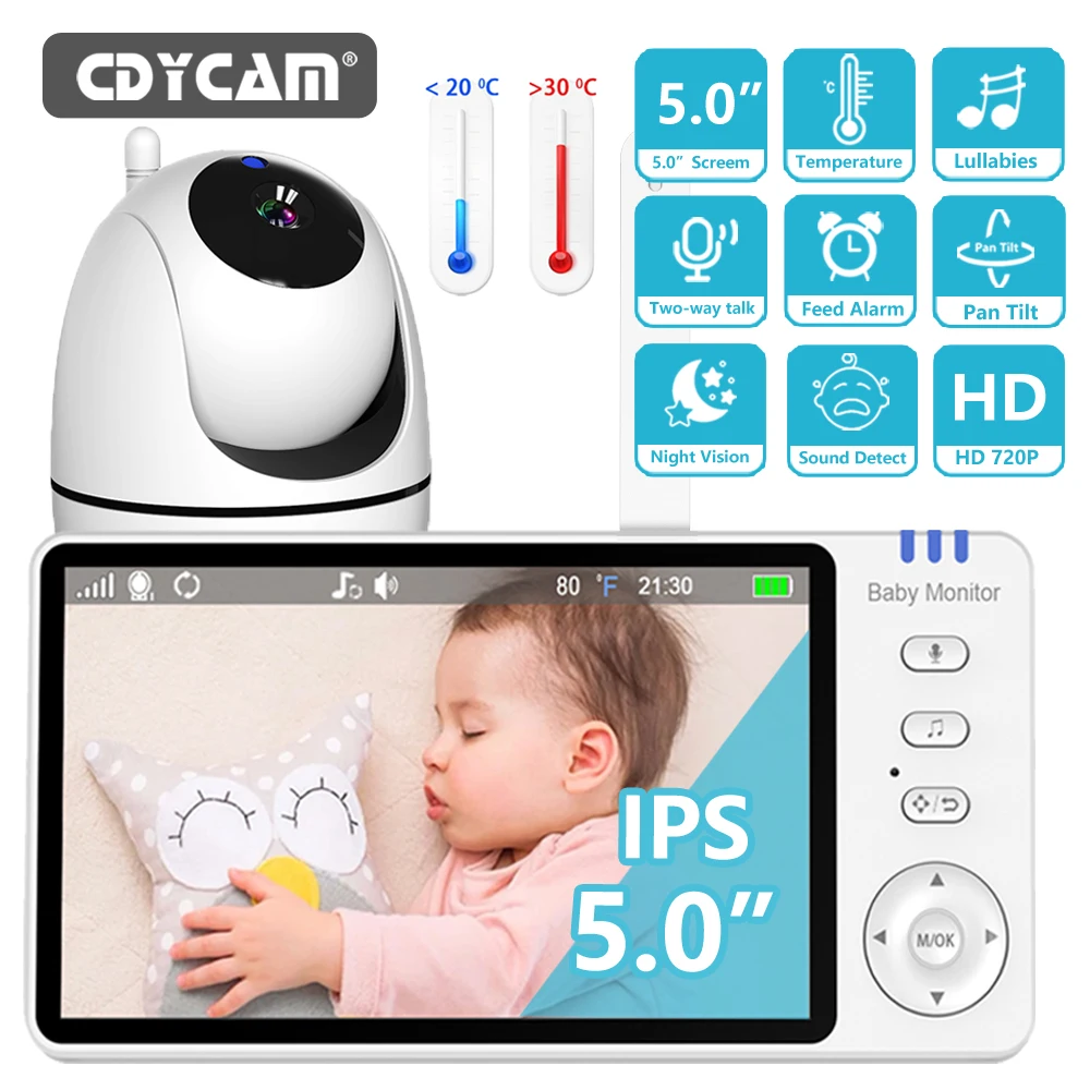 5.0 Polegada vídeo monitor de bebê com câmera pan tilt, sem fio, áudio em dois sentidos, visão noturna.