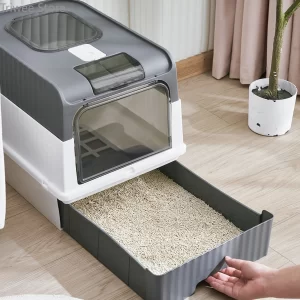 Caixa de areia extra grande para gatos com tampa e colher, à prova de odor, gaveta totalmente fechada.