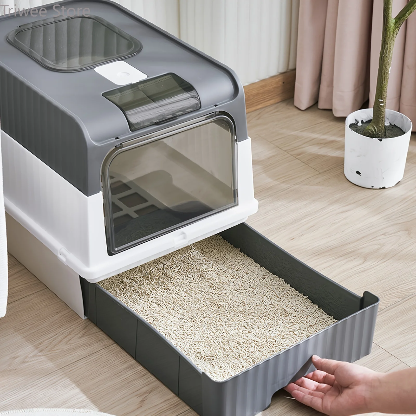 Caixa de areia extra grande para gatos com tampa e colher, à prova de odor, gaveta totalmente fechada.
