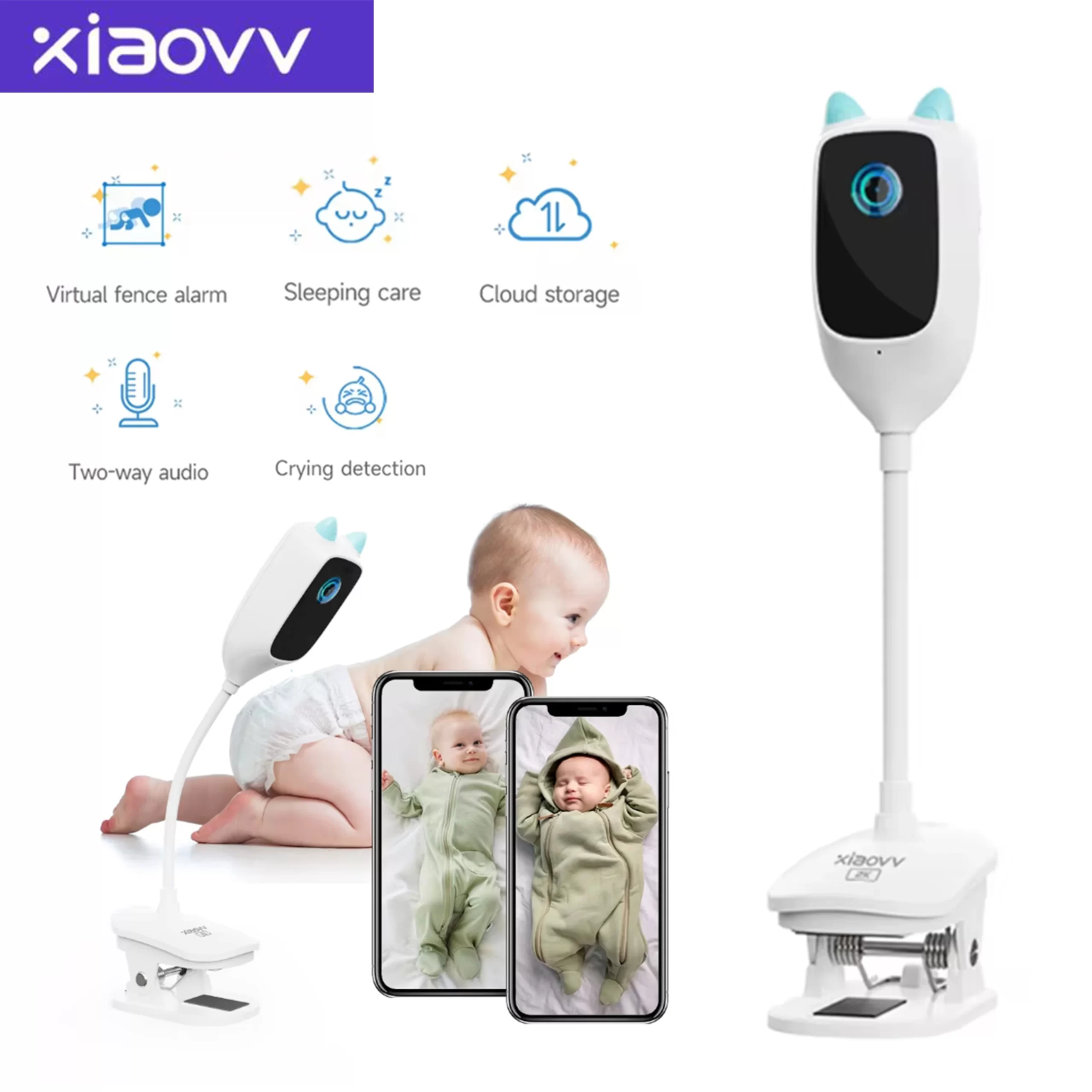 Xiaovv Monitor de bebé, detecção de choro, visão nocturna a cores, 360 graus de rotação.
