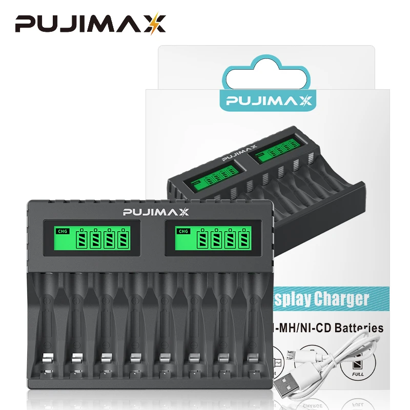 Carregador de bateria pujimax com 8 slots, adequado para bateria recarregável AAA/AA, proteção contra curto-circuito, display led, ni-mh/ni-cd.