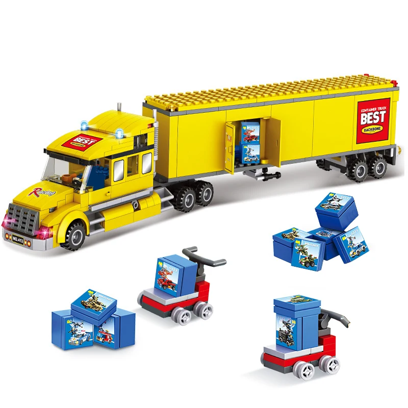 Camião de carga com semi reboque, blocos de construção, Legos.