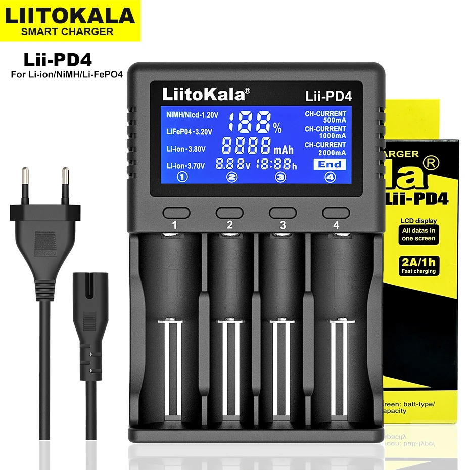 LiitoKala Lii-PD2 LII-PD4 carregador de bateria para 18650 26650 21700 18350 AA AAA 3.7V/3.2V/1.2V baterias de lítio NiMH