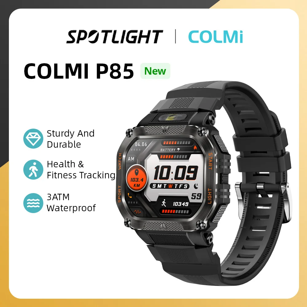 Relógio Inteligente COLMI P85 para Homem com Chamadas Bluetooth, Resistente à Água 3ATM IP68, Lanterna LED, Ideal para Desporto e Fitness ao Ar Livre.
