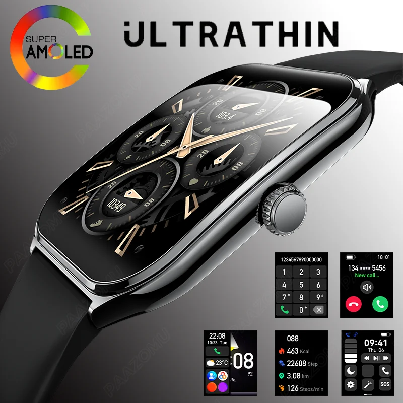 Novo Smartwatch Ultrafino para Homem com Ecrã AMOLED HD de 1,96" - Ecrã Sempre de Hora, Bluetooth - Lembrete de Chamadas - Compatível com Android e iOS